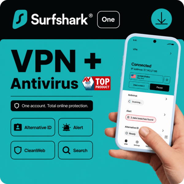 Surfshark One Antivirus VPN 1 Year Product Image Surfshark One Antivirus VPN 1 Year digital subscription